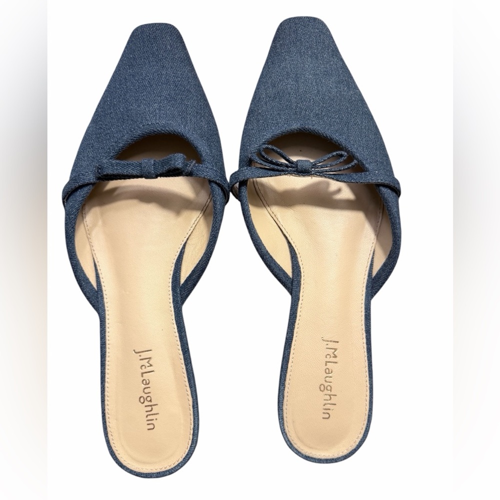 J. McLaughlin Denim Blue Pointed-Toe Bow Backless Mules